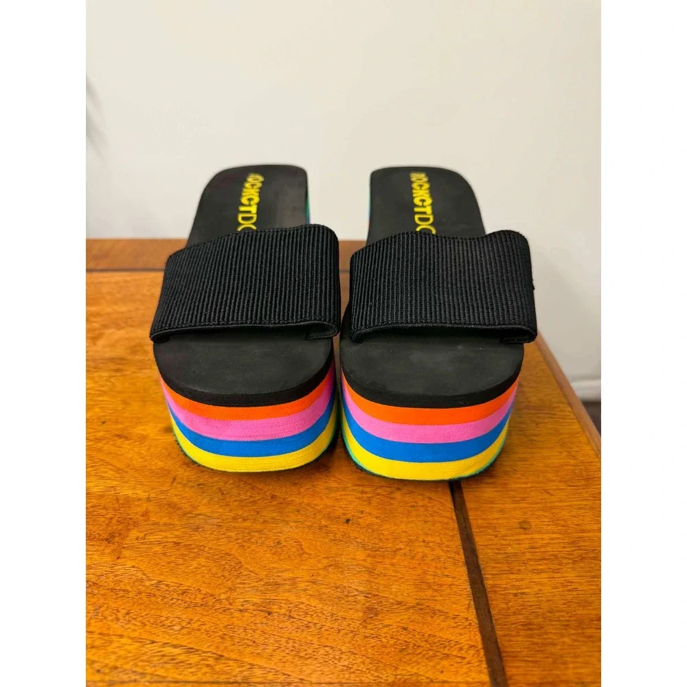 Vtg Rocket Dog 8.5  Rainbow Platform Wedge Slide Sandals Pride Chunky Striped